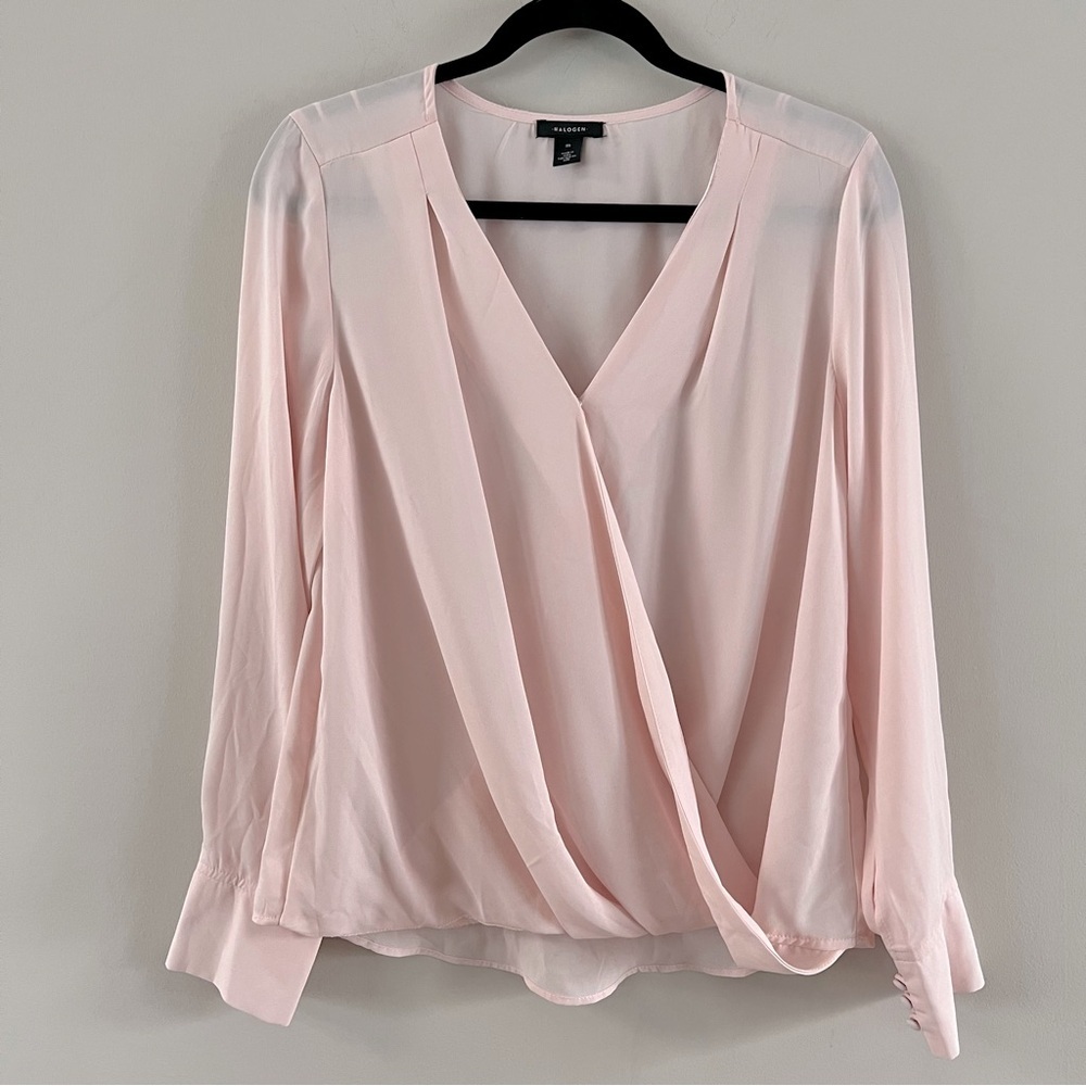 Halogen Faux wrap v neck blouse top Ladies size medium Light pink